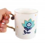 Taza de cerámica con ojos turcos y flor de loto con asa dorada - Image 6
